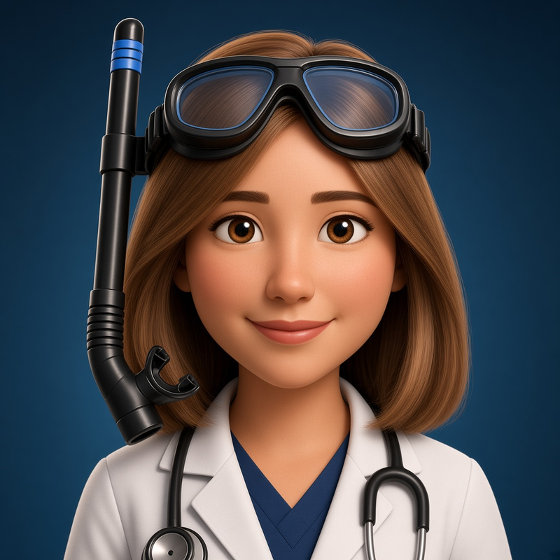 Studio teal portrait: lab coat, stethoscope, mask and snorkel