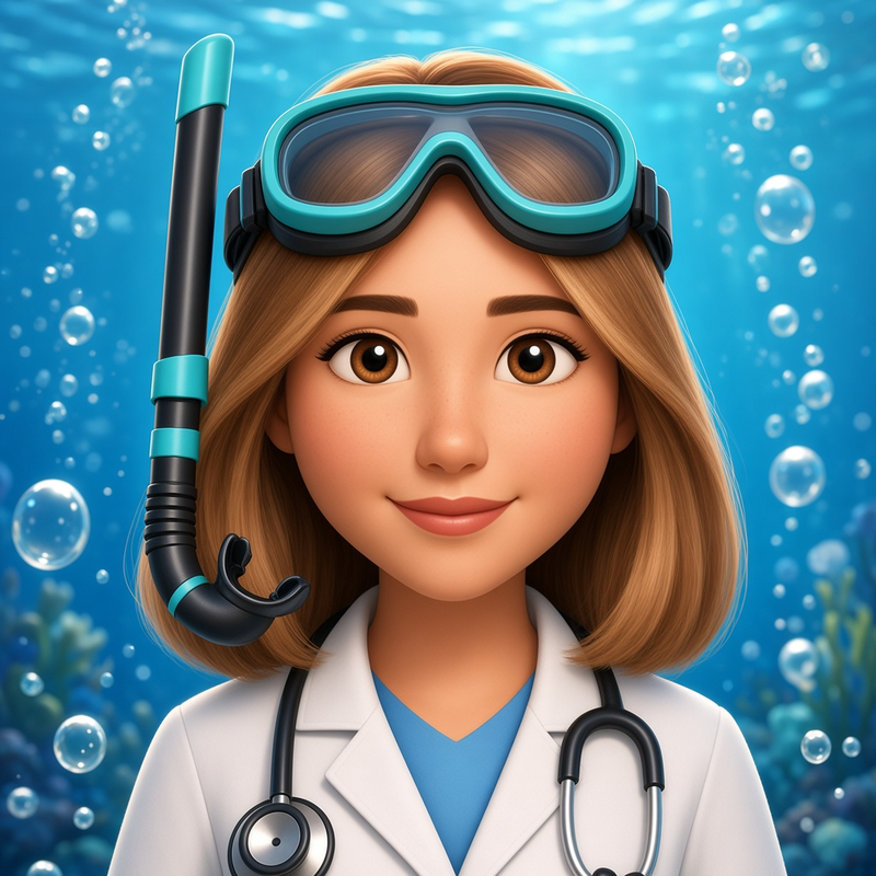 Underwater portrait of Dr. Ting against teal bokeh and bubbles