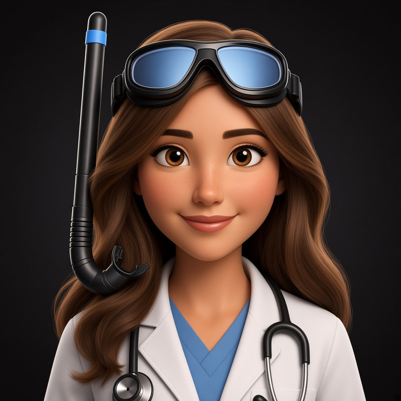 Charcoal studio portrait of Dr. Ting in a lab coat and dive mask